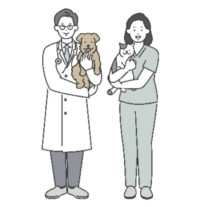 犬と猫を抱っこしている獣医師と看護師