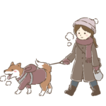 ニット帽やマフラーを付けた女の子と防寒コートを着ている犬の散歩イラスト