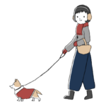 マフラーや耳当てをして、洋服を着た犬と散歩する女性のイラスト