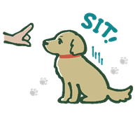 「おすわり」のコマンドで座る・待てができる犬のイラスト